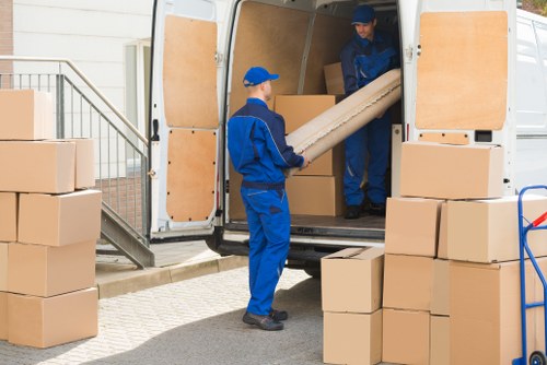 Professional movers packing household items